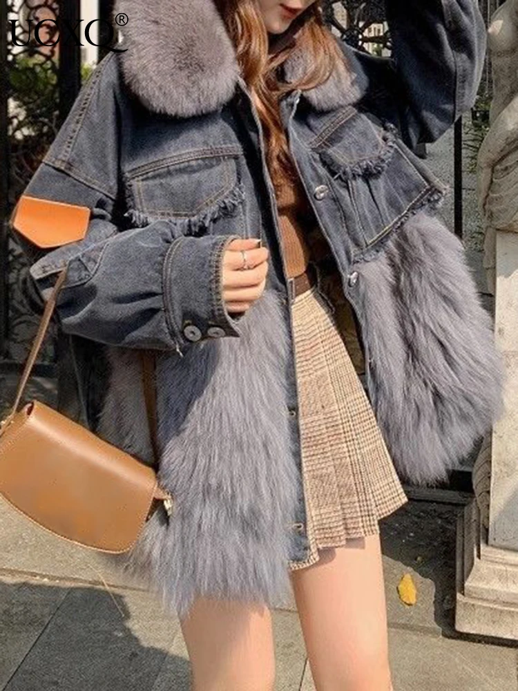 UCXQ Fashion Street Coat Korean Style Loose All Match Thickening Warm Faux Fur Splicing Denim Jacket Women 2024 Autumn Winter 16