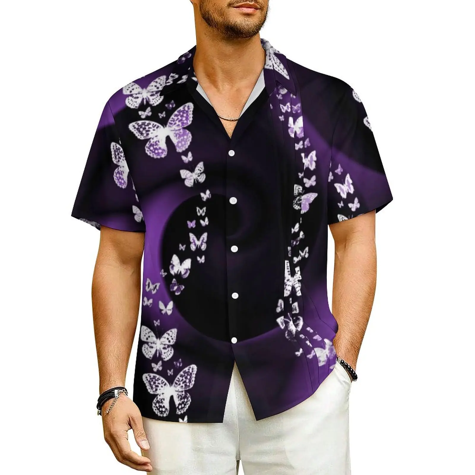 

Purple Butterfly Swirl Casual Shirt Magical Animal Classic Summer Shirts Men Short-Sleeve Beach Street Design Oversized Blouses