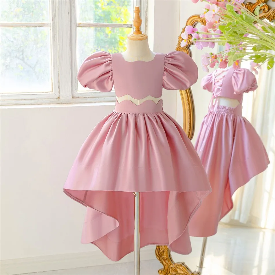 Pink Satin Puff Sleeve Flower Girl Dress Scalloped Cutout  Low Irregular Train Backless Kids Birthday Formal Pageant Dress ASQ03
