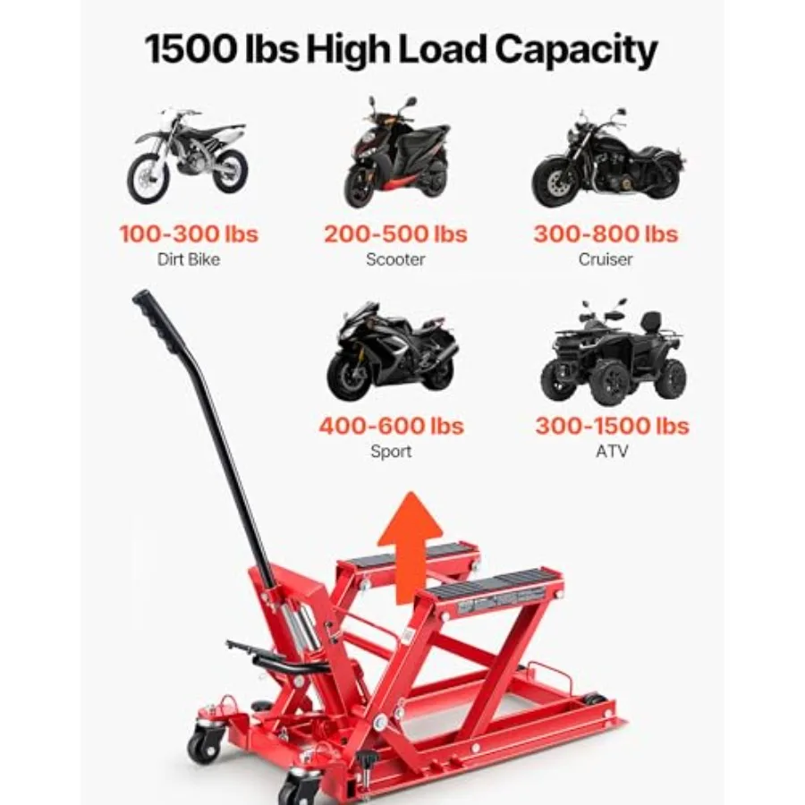 Hydraulic Motorcycle Lift Jack, 1500 lbs Capacity, ATV Lift Jack Portable Motorcycle Hoist Stand with 4 Wheels, 4.5