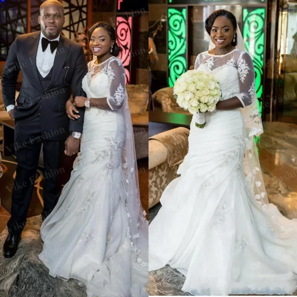 

Customized Sexy Mermaid White Organza Lace Applique Half Sleeve Plus Size Modest Nigerian Wedding Dresses 2025