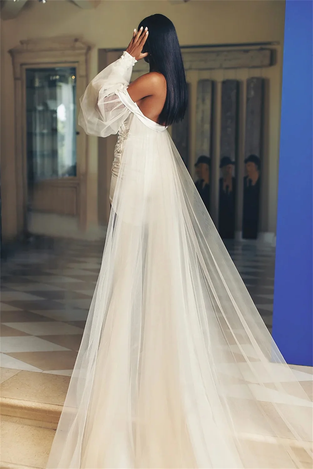 Tulle Bridal Detachable Train With Puff Sleeves Morden Lace Wedding Removable Cape For Dresses Bridal Overskirt Customized 2025