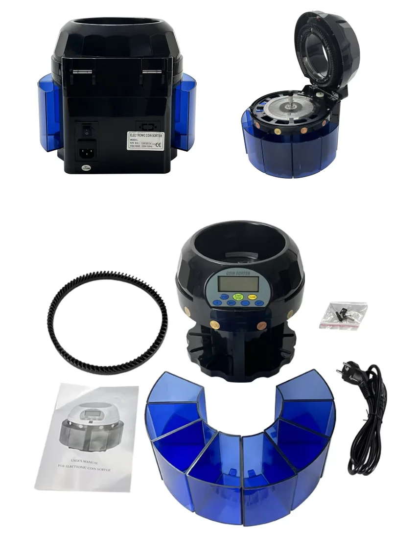 A high-speed coin counting and sorting machine capable of processing 650 coins per minute with an LCD display