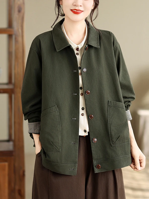 Retro Jacket Outerwear Women's Long Sleeve Collar Color Block Autumn Cotton Shirt Style Warm Loose Fit Ladies Fashion