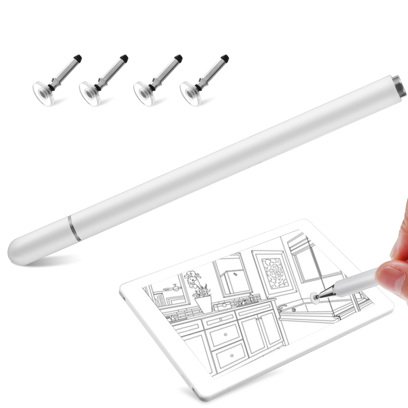 

4pcs 1 Pearl White Stylus Pen 4 Replacement Tips for Capacitive Screen Tablet Mobile Phone Kids Education Device Smooth Writing