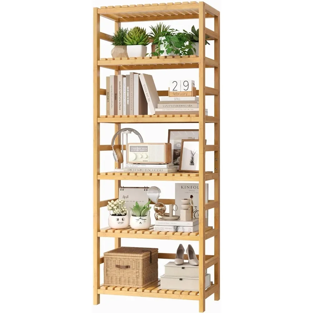 

6-Tier Bamboo Shelf, Bamboo Bookcase with Adjustable Shelves, Free Standing Storage Shelf Unit, Plant Flower Stand for Kitchen