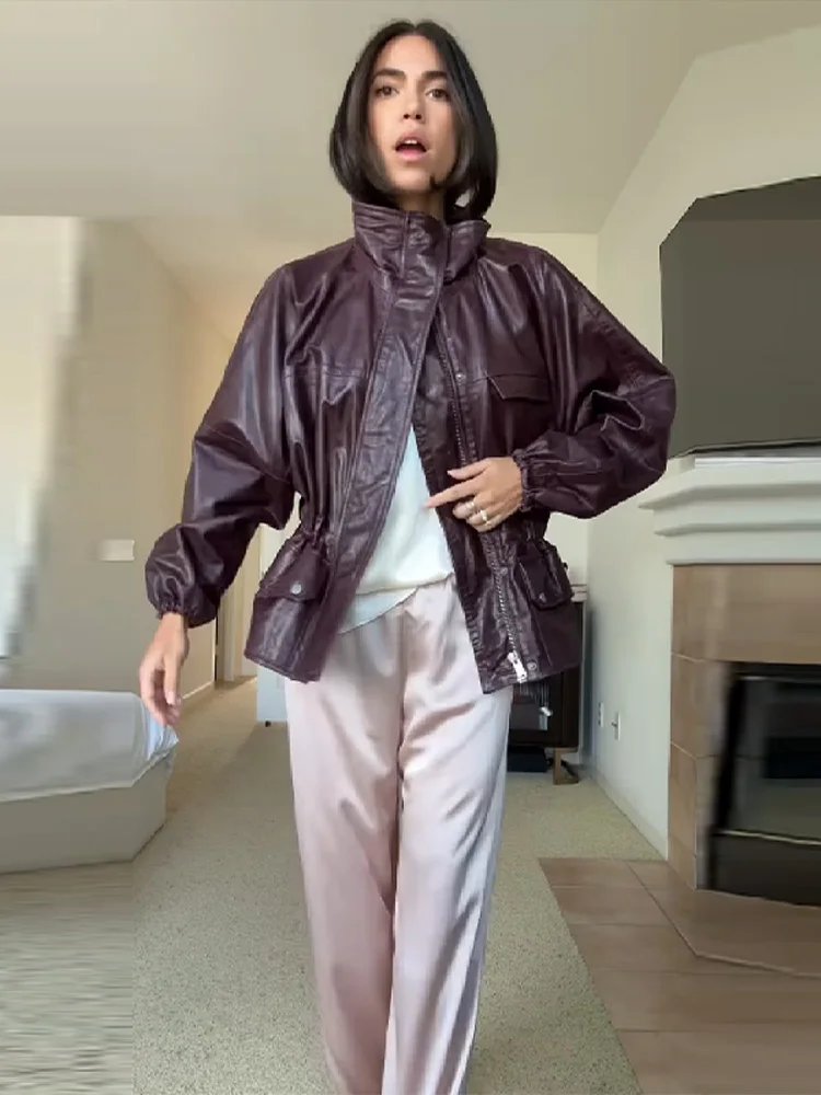 Giacche con colletto alla coreana in pelle PU retrò Giacca da donna alla moda con petto monopetto in vita Lady 2025 Chic Street Outwear