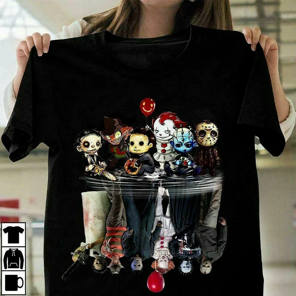 

Забавные персонажи из фильмов ужасов Chibi, отражение воды, подарок на Хэллоуин, футболка Летняя Хлопковая мужская футболка с коротким рукавом и круглым вырезом, Новинка