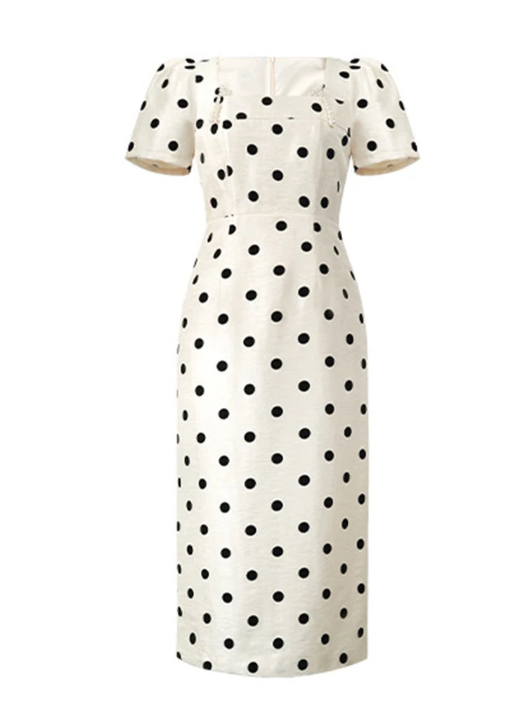 Nieuwe Zomer Vrouwen Retro Dot Parel Vierkante Hals Midi Kokerjurk Elegant Kantoor Formele Gelegenheid Gewaad Party Prom Slanke Dames Casual
