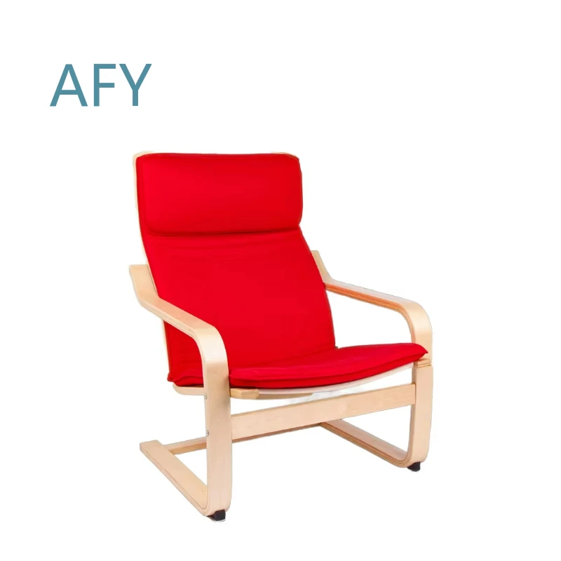 Modern Curved Wooden Lounge Chair for Stretching Comfort with Natural Red Cushion Board for Home Office Living Room Bedroom