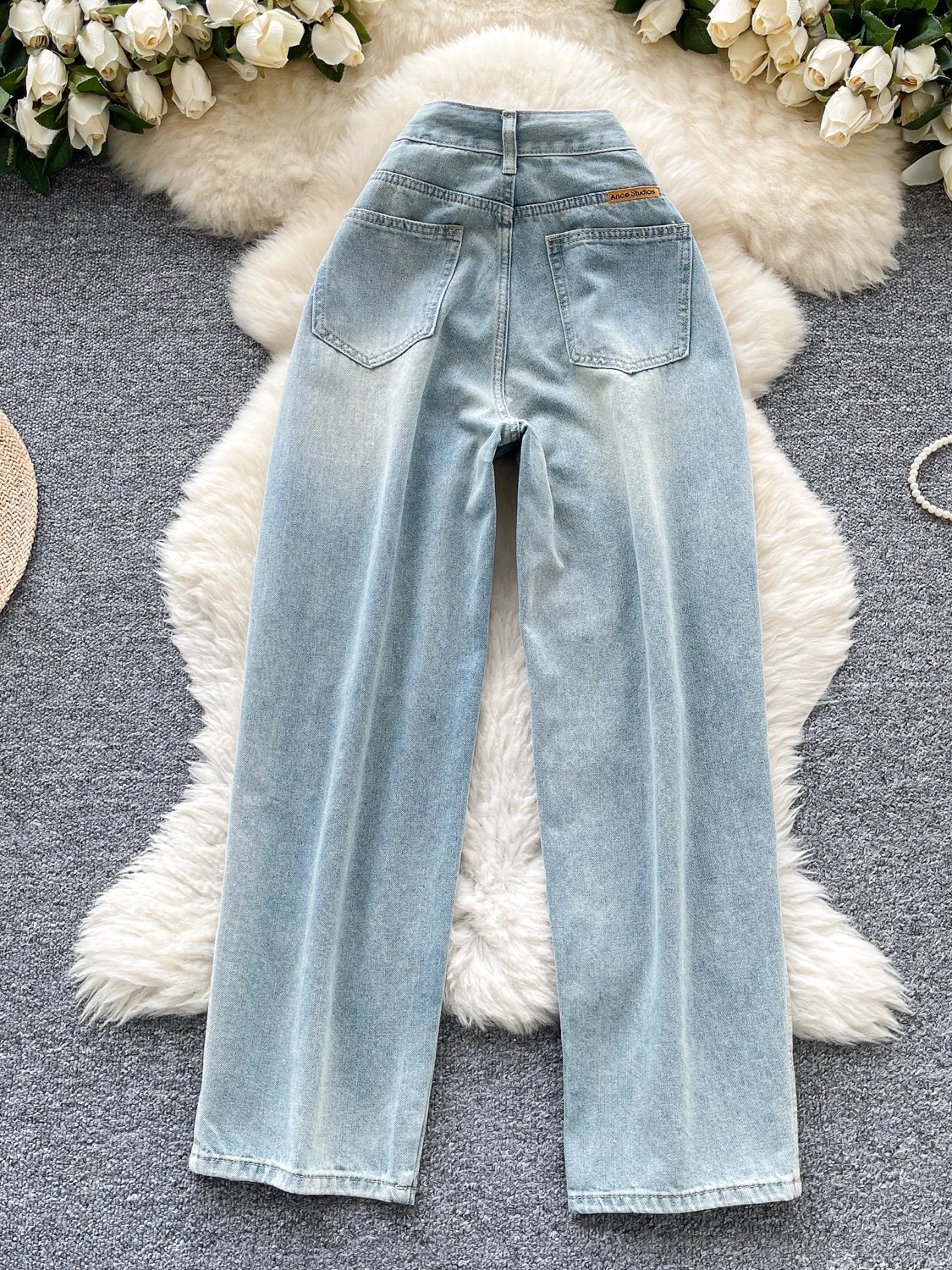 

Светло-голубые джинсовые джинсы с высокой талией и широкими штанинами, женские летние винтажные уличные брюки с высокой талией длиной до пола