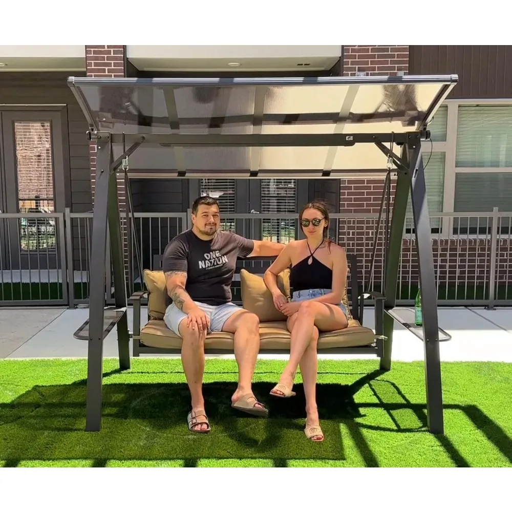 

3-Seat Porch Swing with Adjustable PVC Canopy Meta Patio Bench Glider Swing Bed Outdoor Swing Chair with Stand and Side
