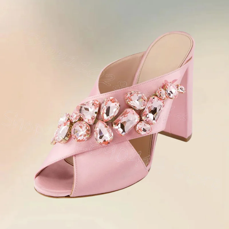 

Crystal Design Pink Silk Peep Toe Slippers Slip On Women Shoes Chunky High Heels Fashion Party Banquet 2025 Zapatos Para Mujere