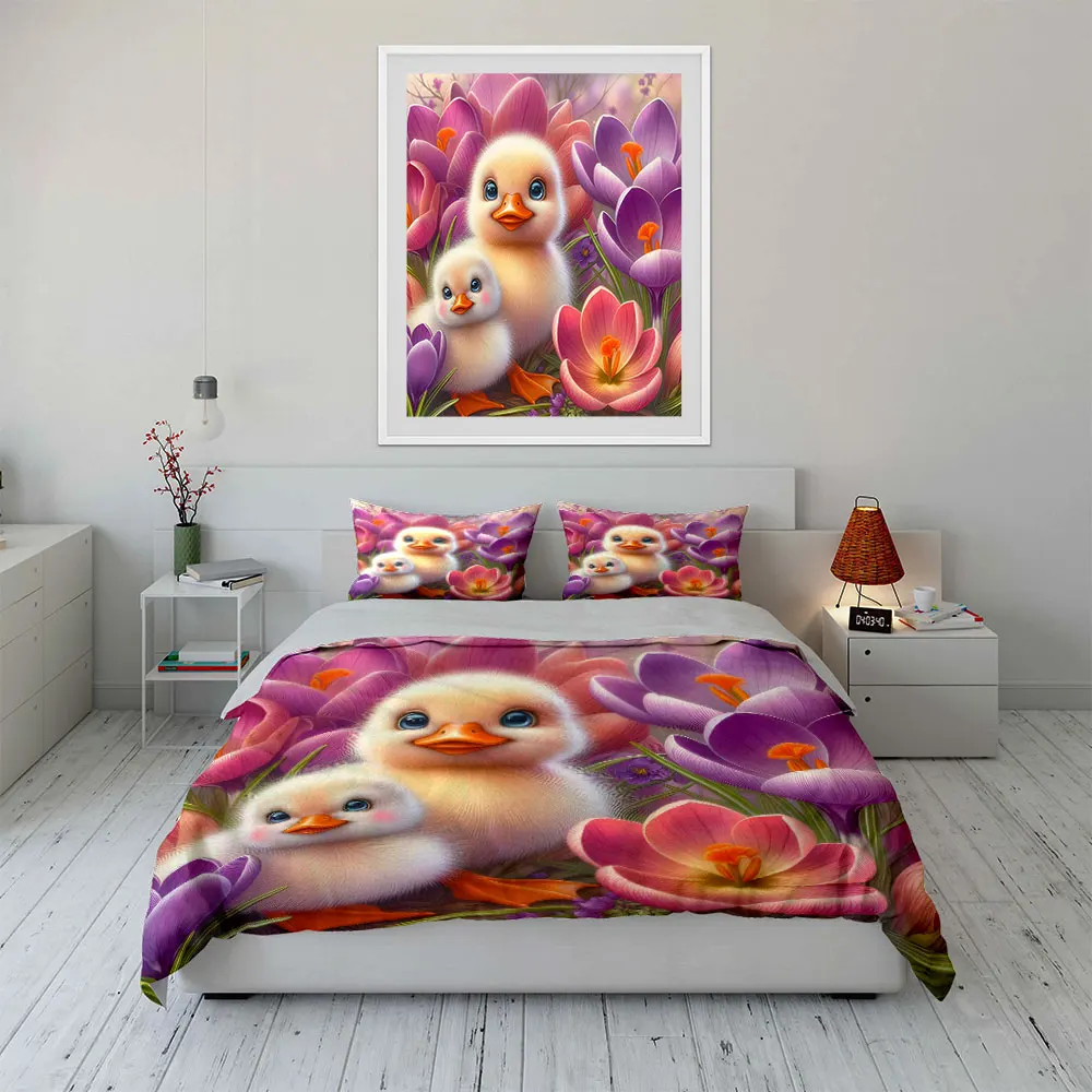 Duckling with Spring Flowers Print Soft Comfortable Duvet Cover Bedding Set Included 1*Duvet Cover  2*Pillowcases Luxury Gif