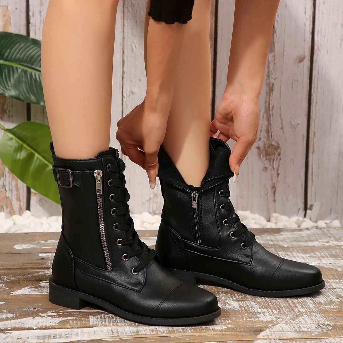 المرأة كعب مربع منتصف العجل أحذية شتاء جديد دافئ قصير أفخم بطانة جولة تو الجانب سستة كعب سميك بولي Leather الجلود فارس الأحذية #6