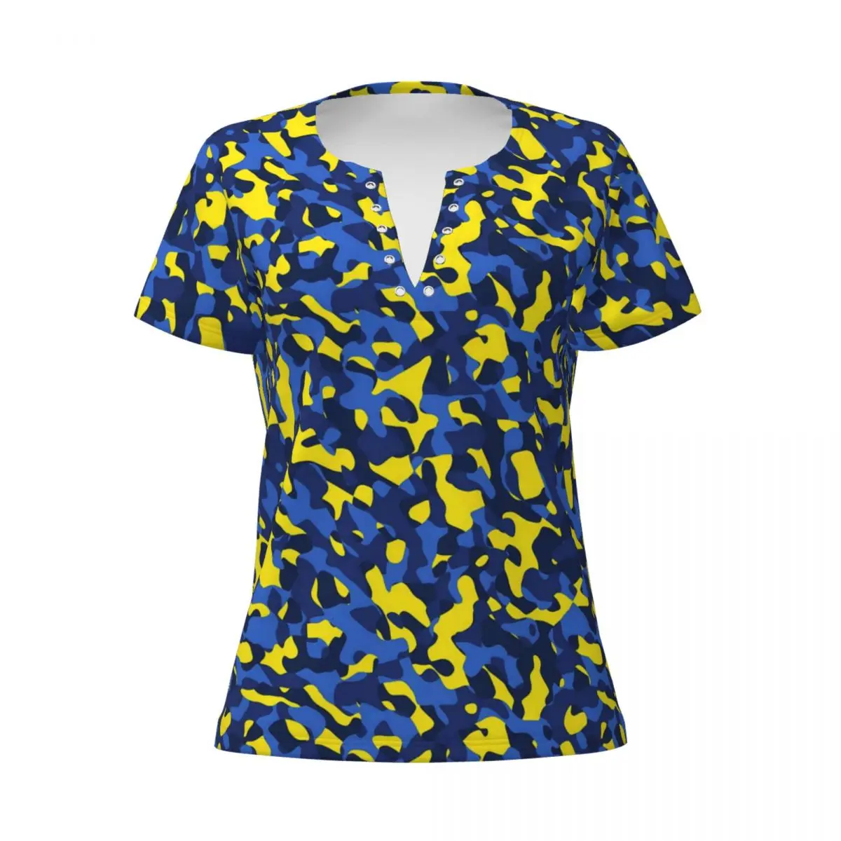 Camiseta con estampado de camuflaje para mujer, camisetas geniales Y2K de camuflaje azul y amarillo, camiseta personalizada de manga corta con cuello de pico Sexy, camisetas a la moda 2024