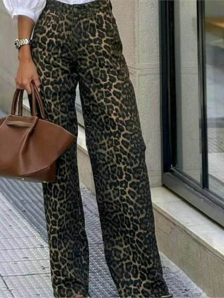 ファッションヒョウ柄ロングパンツ女性のためのカジュアルハイウエストワイドレッグパンツ女性の休日ストリート女性の服春の新