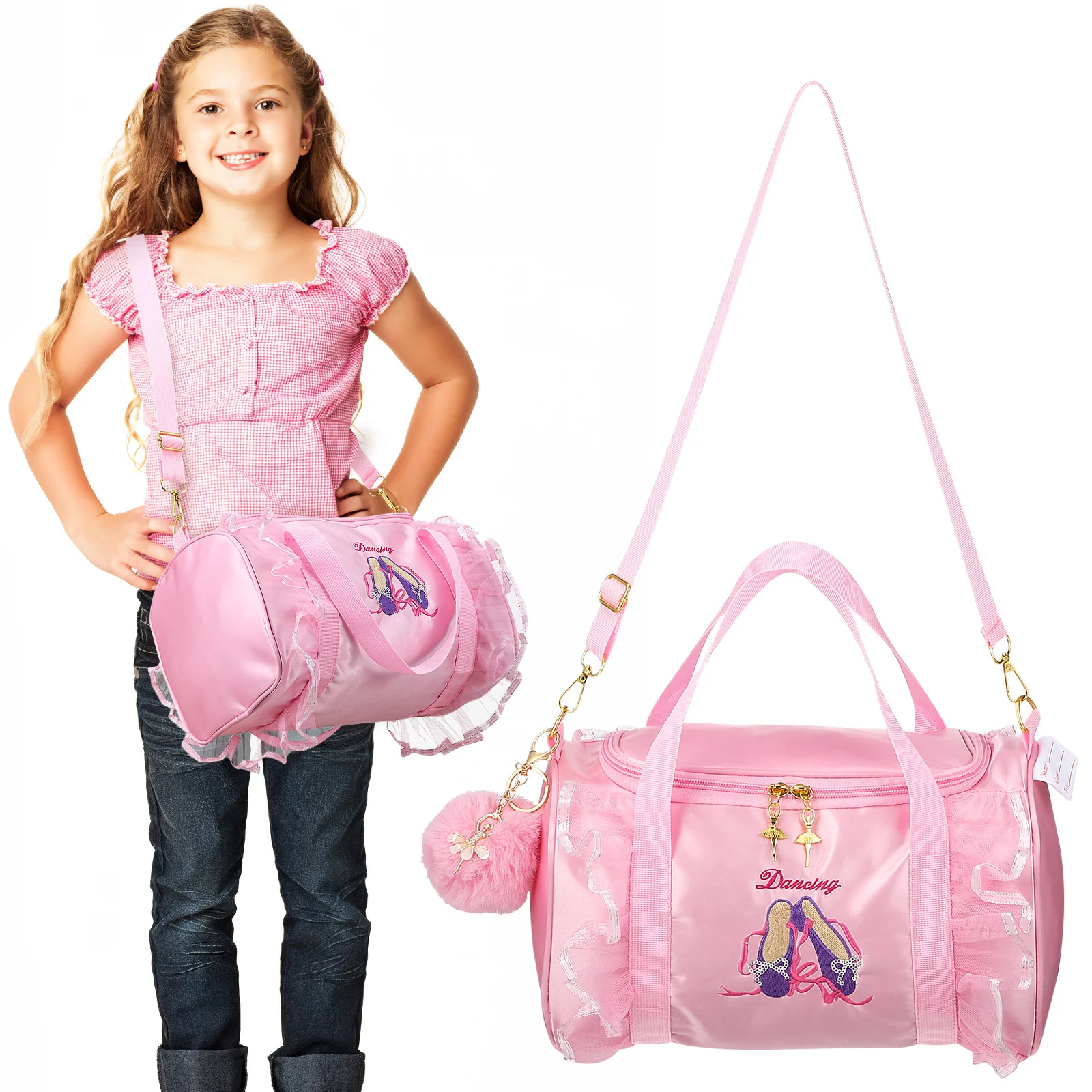 

Deep Pink Dance Bag Ballet Shoes Embroidery Mesh Lace Tote Shoulder Large Capacity Gymnastics Bag Keychains Pompom