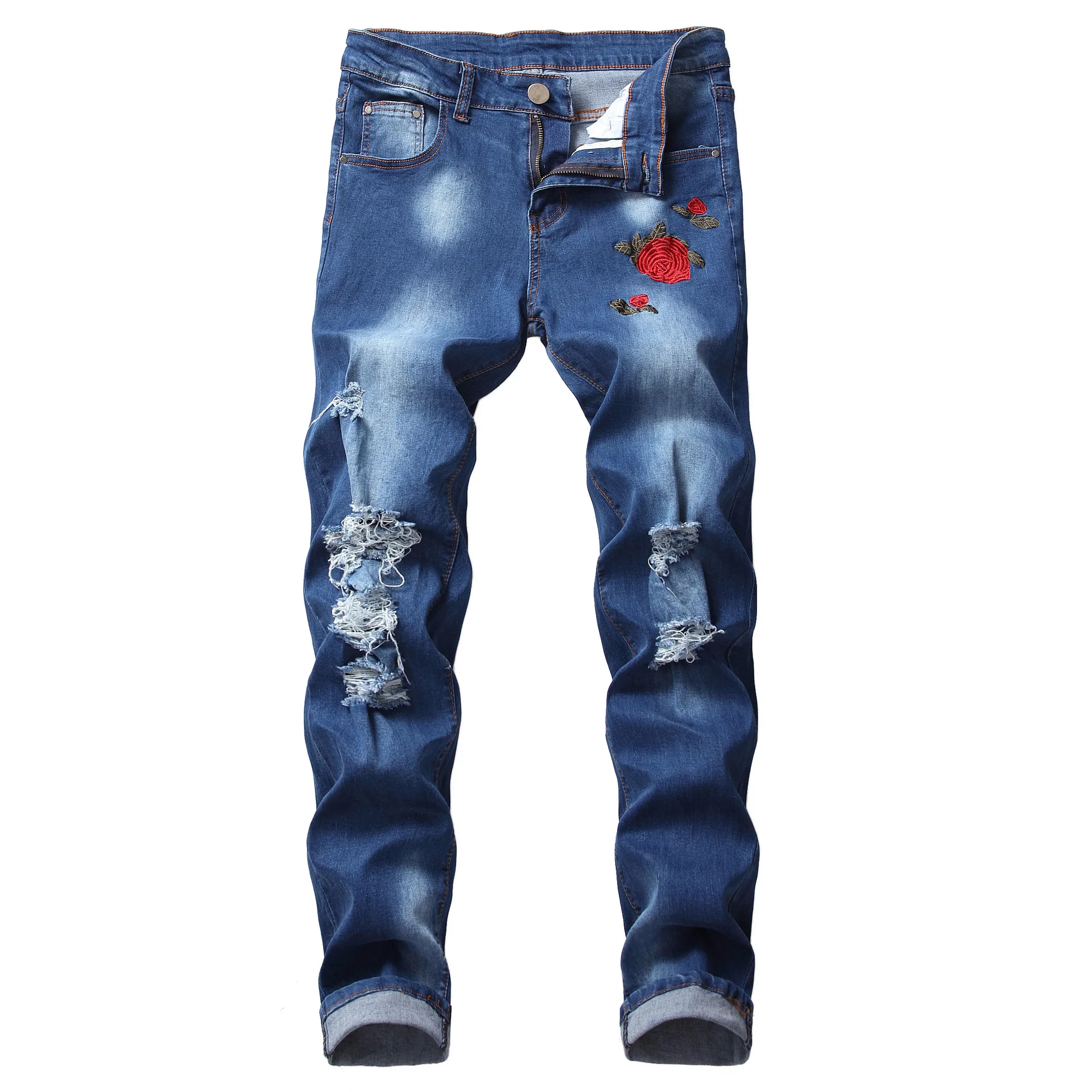 European and American Men\'s Casual Jeans with Embroidered Roses, Fashionable Ripped, Slim-fit, Stretch, Ankle-length Trousers