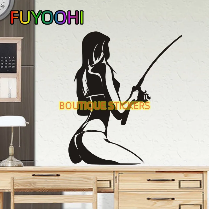 FUYOOHI Sexy Girl Go Fishing Sticker Bucket Tackle Shop Fishhook Sticker Fish Tank Boat Box Funny Vinyl Car Decal
