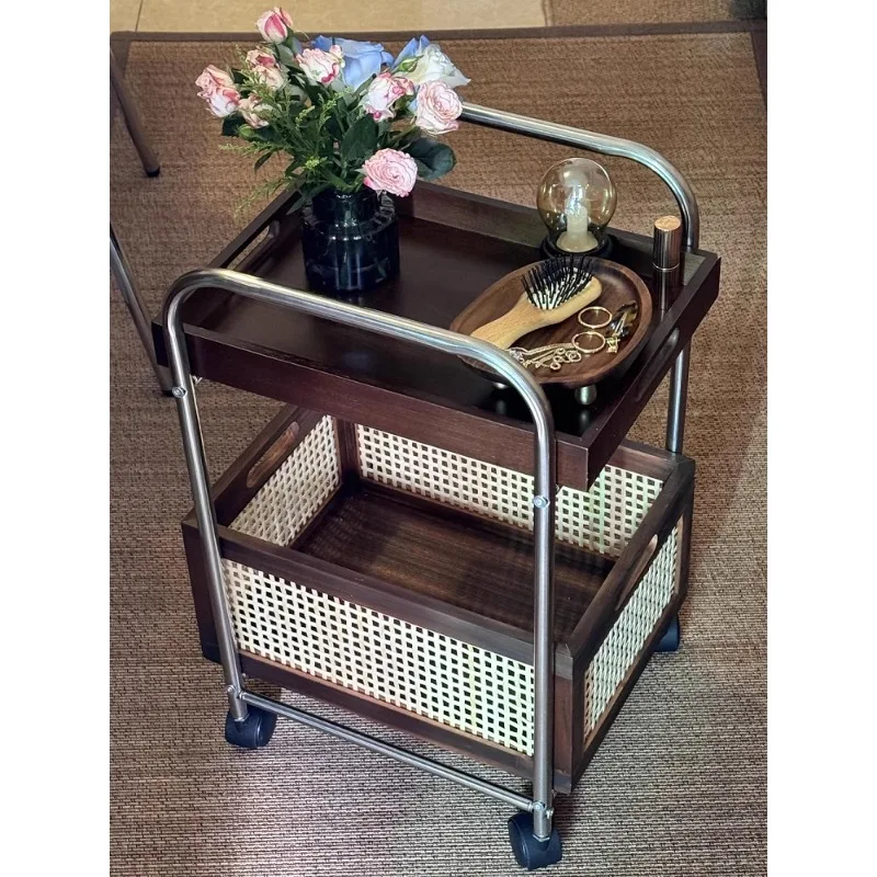Solid wood movable side table storage medieval trolley living room coffee table storage rack