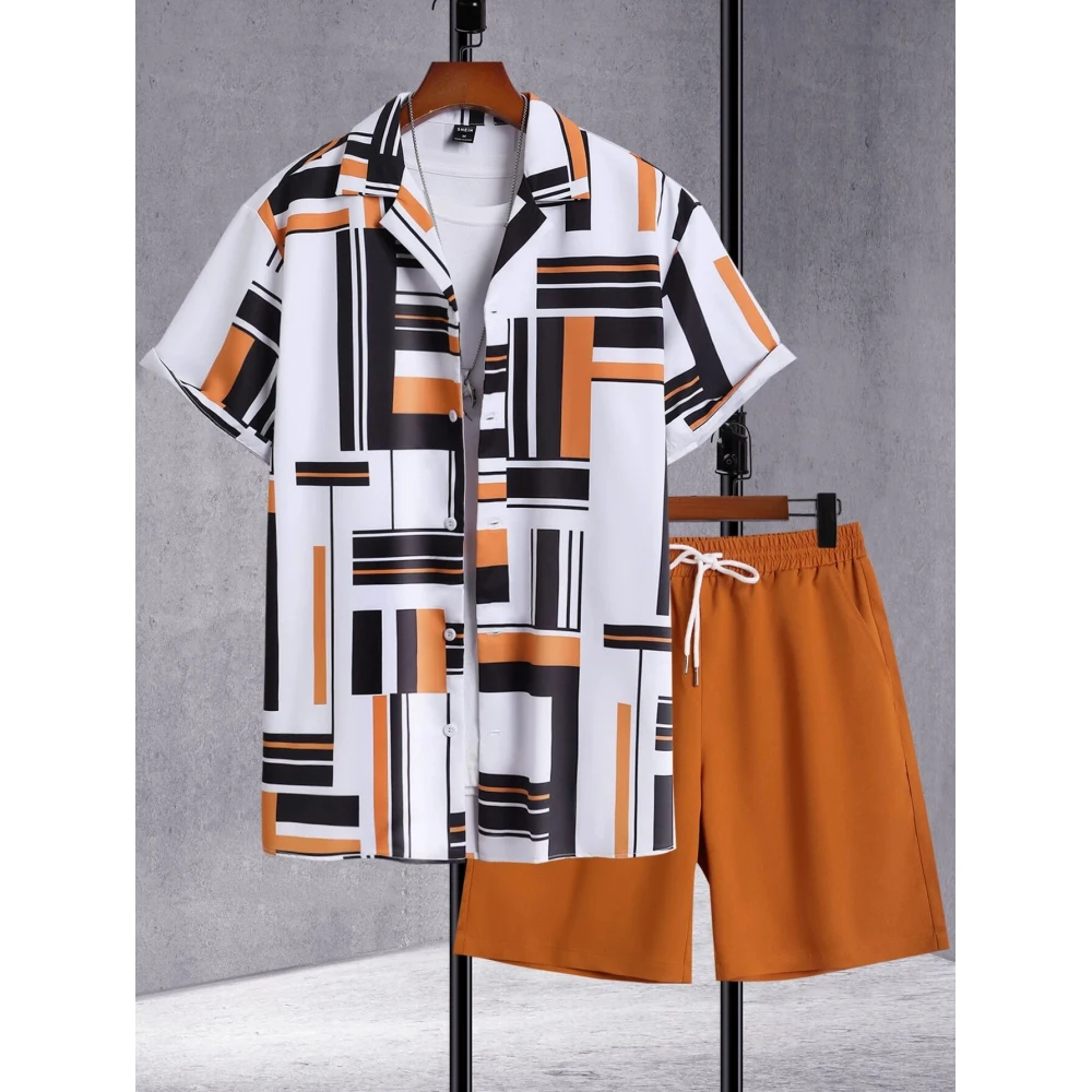 Hawaiian Men's Short Sleeve Seaside Irregular Design Pattern Print Summer Fashion Button-Down Shirt Tops Short Sleeve Shirt