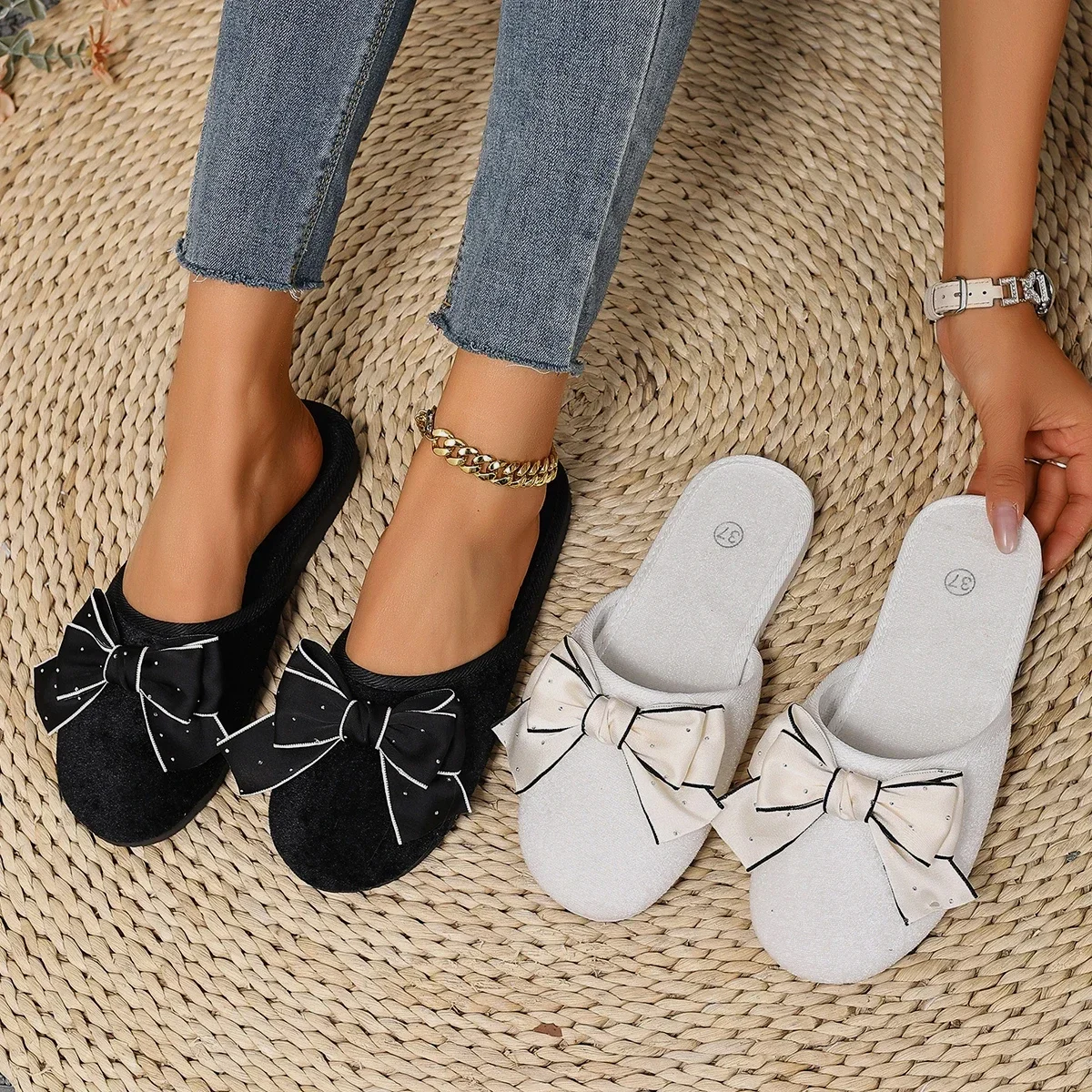 Women Bowknot Decor Mule Slippers Closed Toe Flat Slide Sandals Indoor Outdoor Summer Lightweight Casual Shoes
