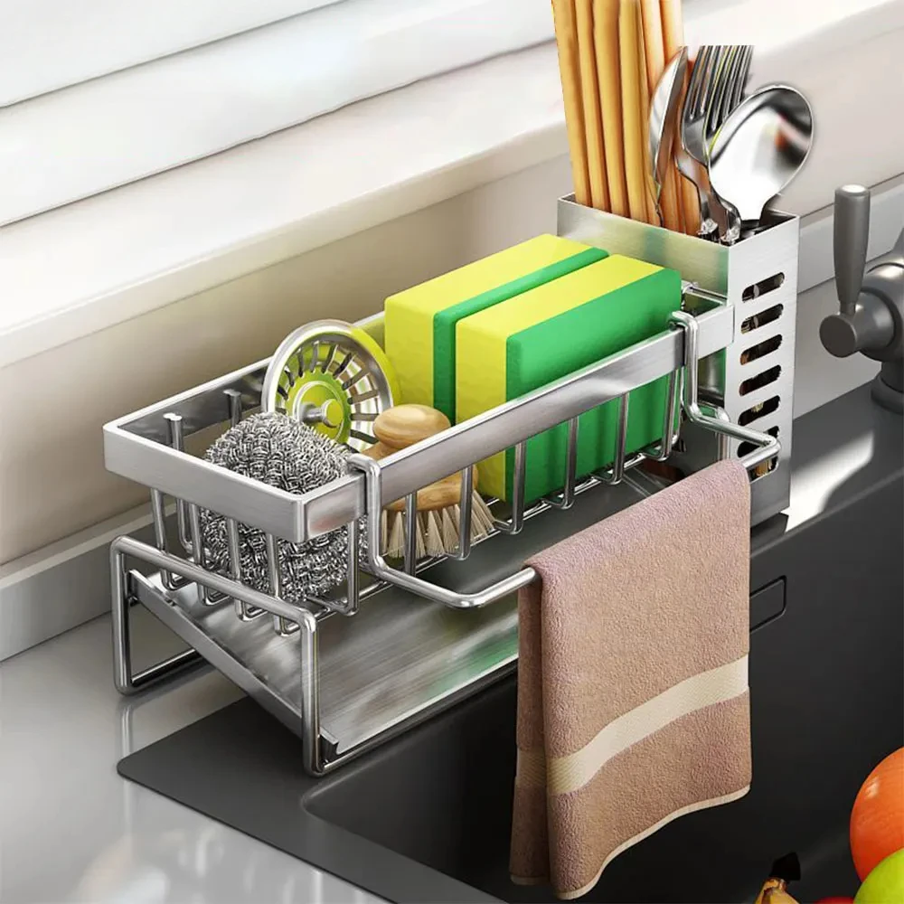 Évier de cuisine étendoir en acier inoxydable étagère d'évier de cuisine avec récipient à couverts porte-éponge à vaisselle organisateur de cuisine