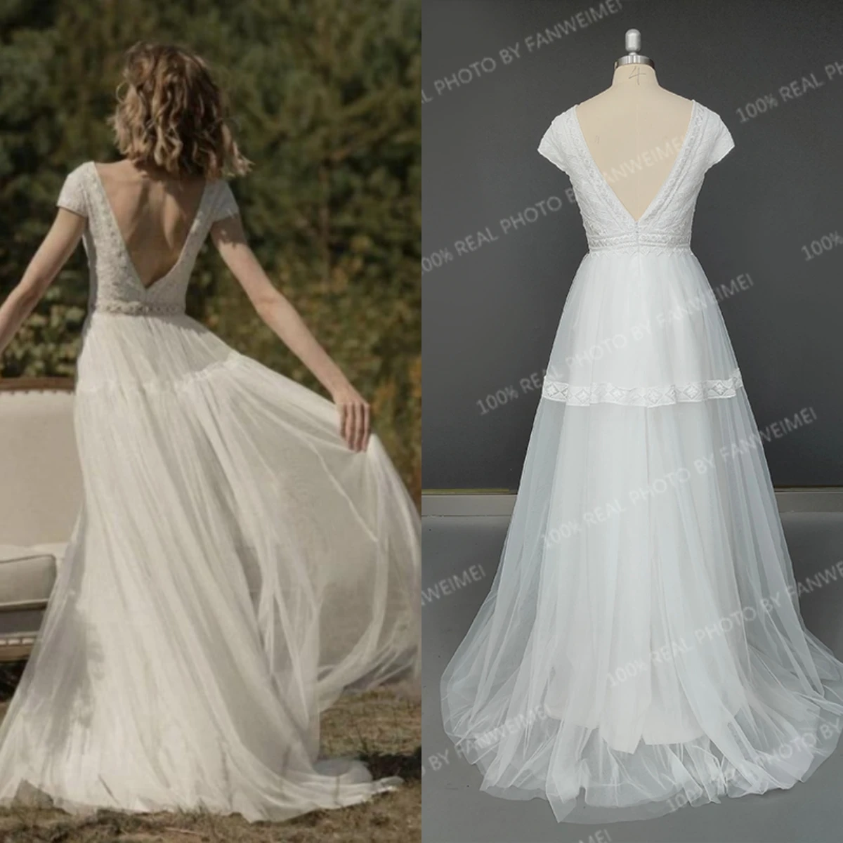 Vestido de novia de línea a con cordones y escote en V, elegante, sencillo, con Espalda descubierta, 9693