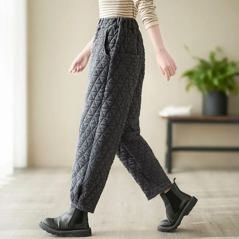 Casual Harem Pants for Mom, Plaid Trousers, Snow Wear, Cotton Thick Baggy Pant, Elastic High Waist Sweatpants, New, Winter