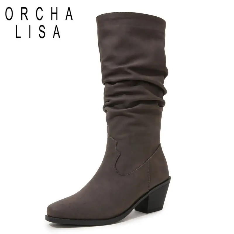 

ORCHALISA 2025 Women's Mid Calf Boots Square Toe 6cm Block Heel Slip-On Pleated Flock Large Size 43-45 Daily Knight Booties
