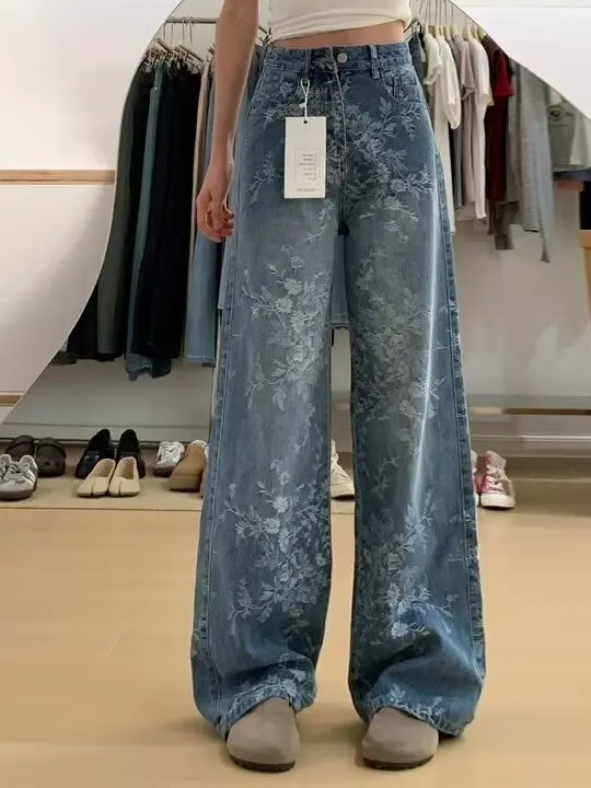 

American Style Embroidered Wide Leg Denim Jeans High Waist Straight Cut Floor Length for Pear Shaped Women Casual Wear