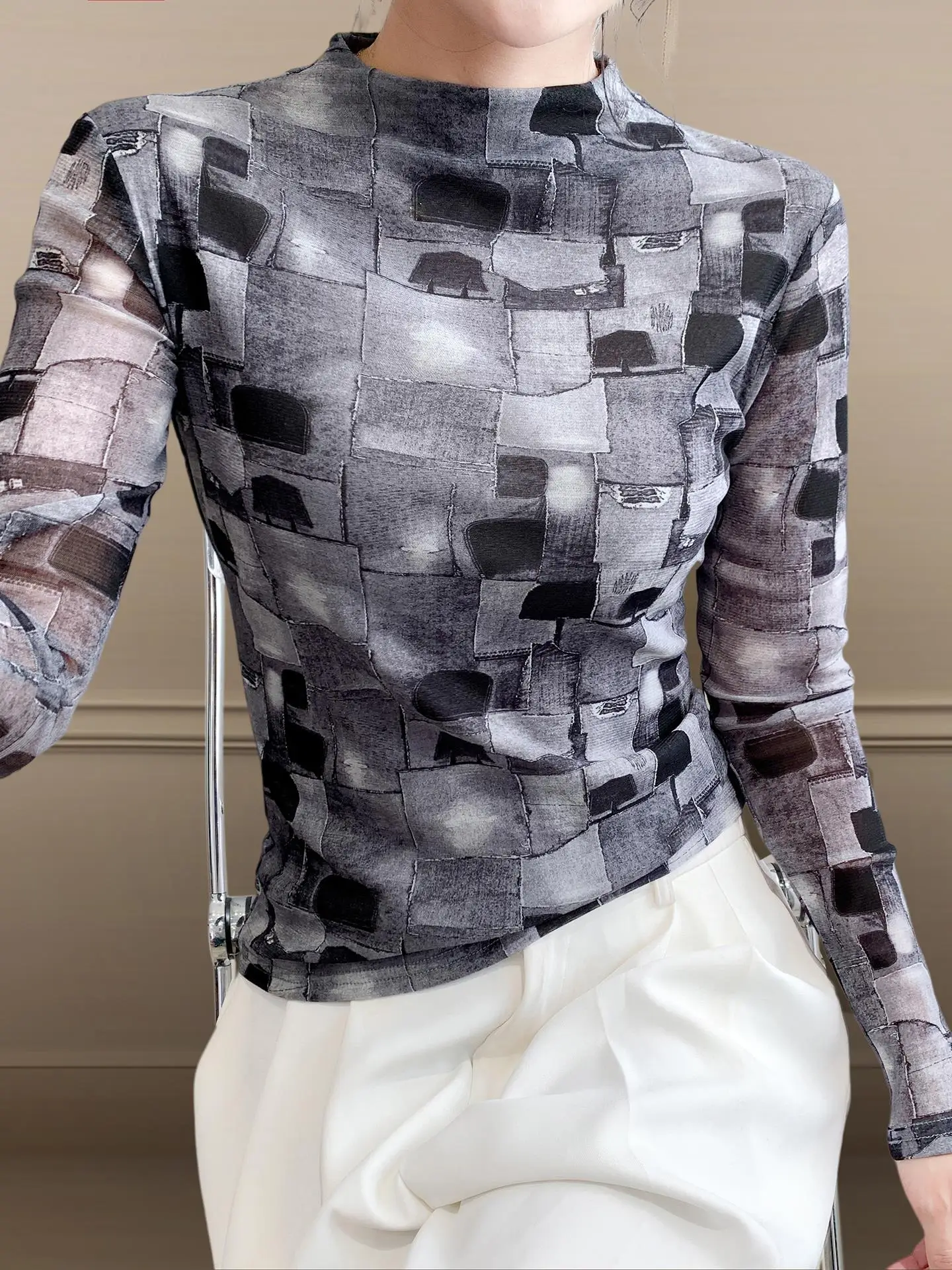 

Женская облегающая модная футболка с высоким воротником и принтом Long Sve Base irt, внутренняя одежда, топ на лето, осень и зиму