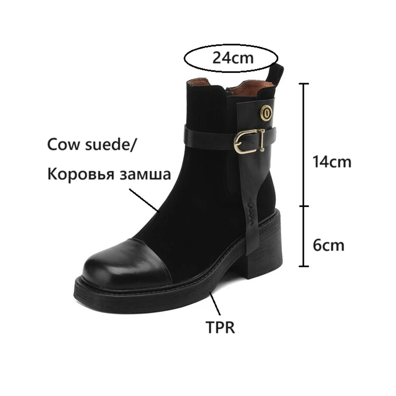 NEW Autumn Women Boots Cow Suede Leather Shoes for Women Square Toe Chunky Heel Shoes Zip Short Boots Belt Buckle Modern Boots