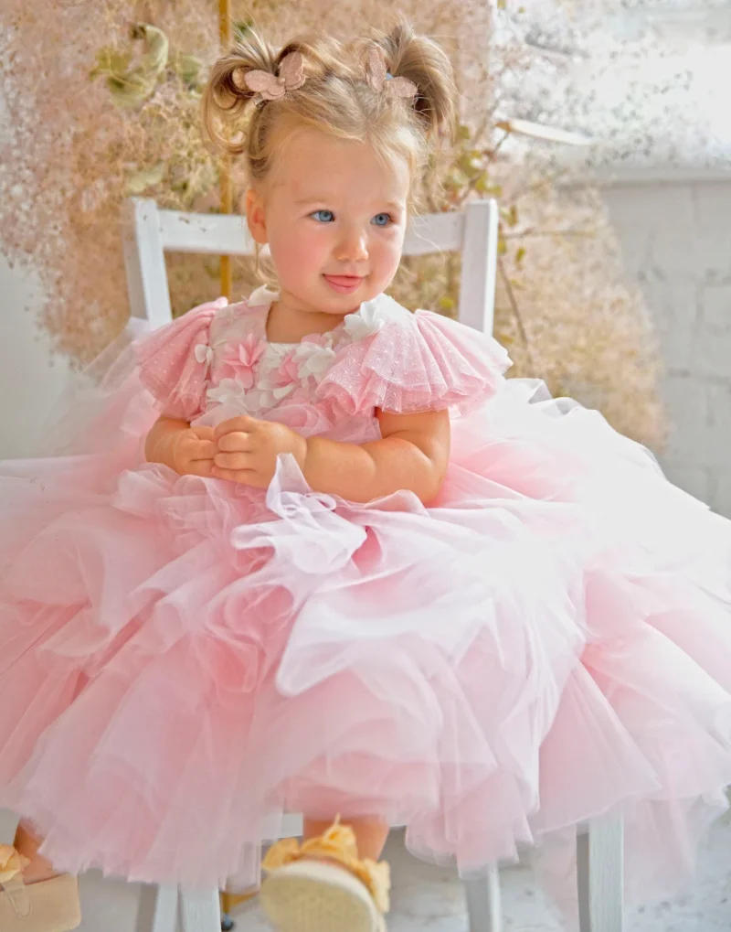 Pink Tulle Flower Girl Dresses Birthday Princess Ball Gown Kids First Communion Gowns Tailored Size