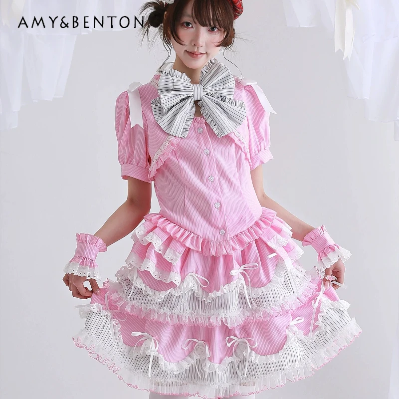 

Japanese Retro Design Pink Striped Lace Splicing Women's Shirt Original Design 2026 New Sweet Lolita Cute Y2k Skirt Suit Ladies