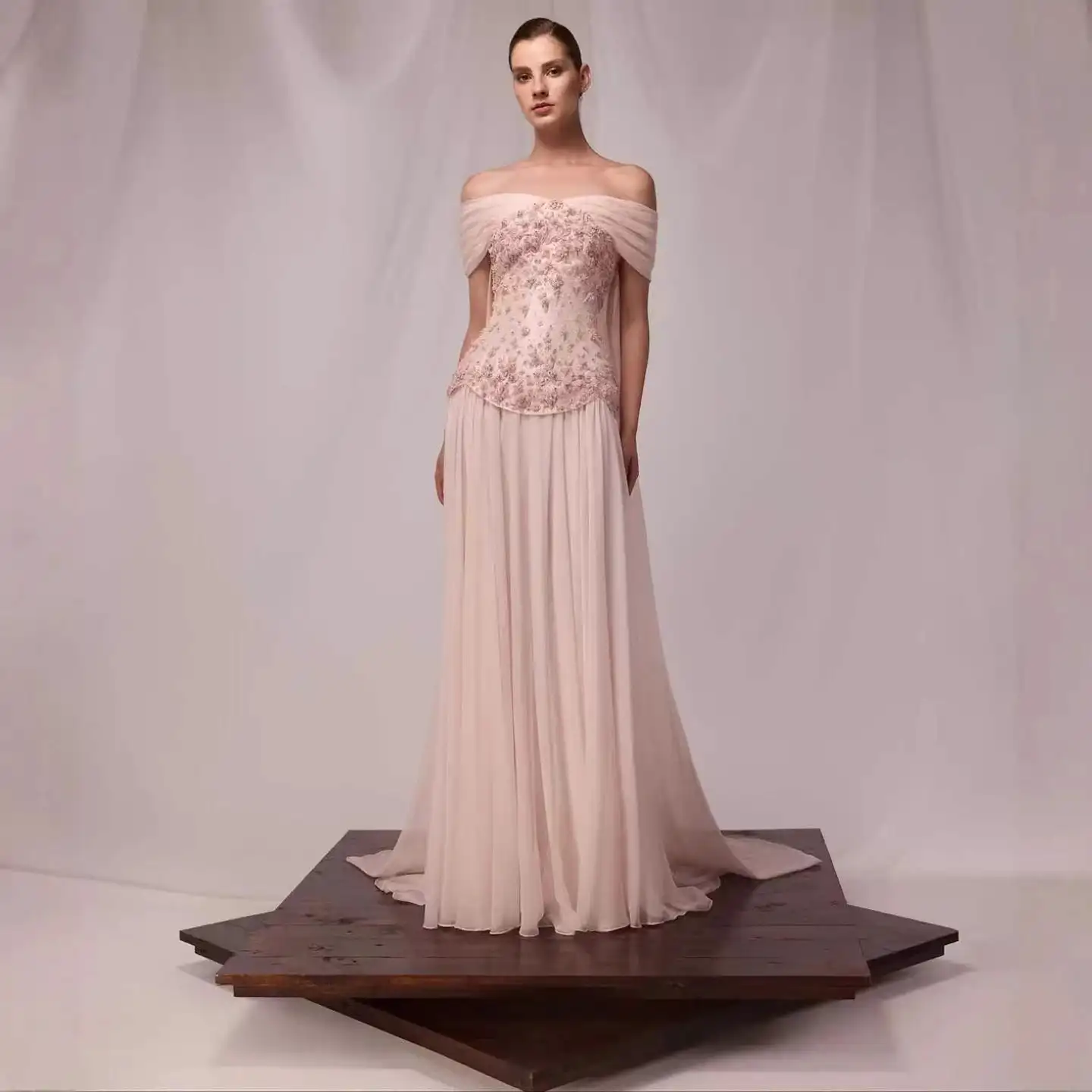 Elengant Blush Pink A-line Formal Evening Gowns Off the Shoulder Floral Embroidered Chiffon Formal Evening Dresses Customized