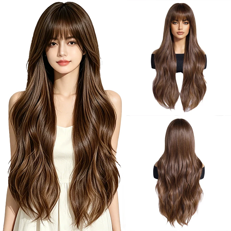 Chocolate Brown Long Wavy Wig with Air Bangs Natural Heat Resistant Synthetic Wig For Women Daily Wear Lolita Cosplay Wig