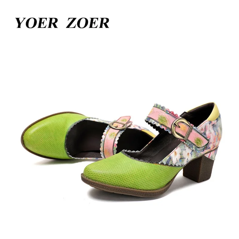 Ethnic style genuine leather women's shoes Plus size women High Heels Comfortable durable green floral design 2025 New