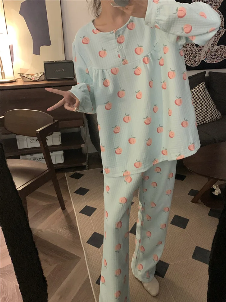 Conjunto de pijama de manga larga con estampado de melocotón para mujer, ropa de dormir suave y cálida, estilo femenino, Otoño e Invierno