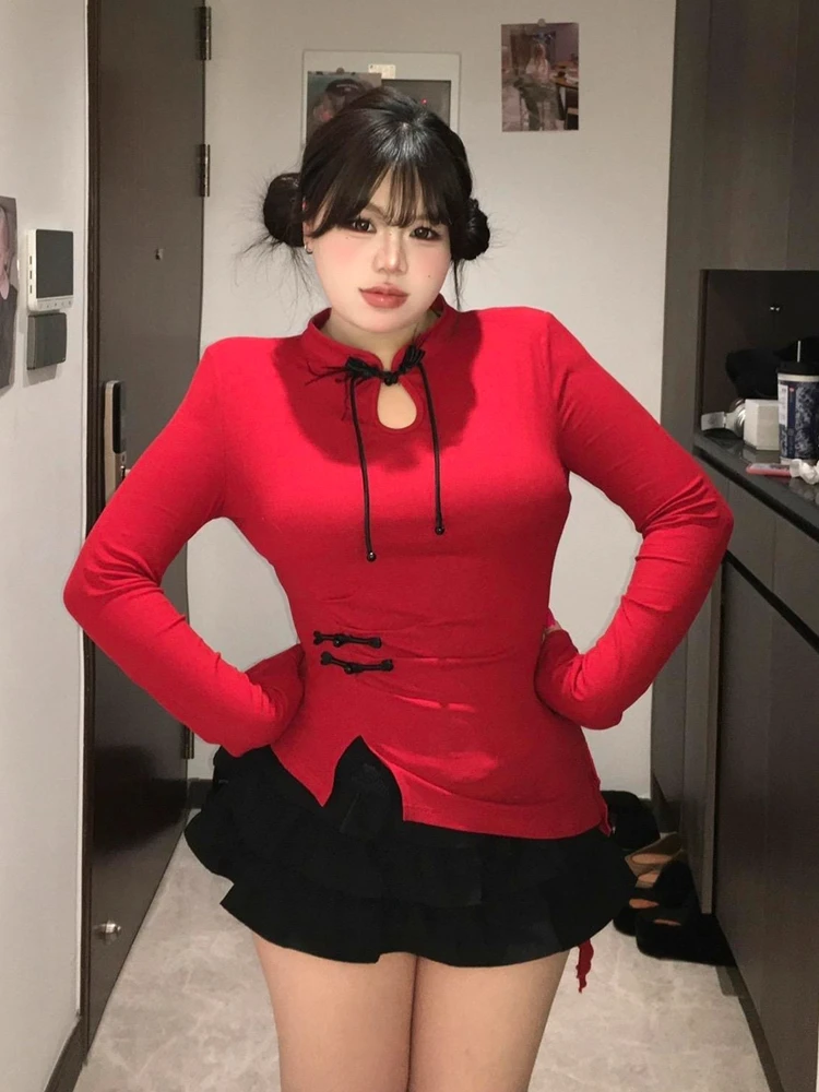 plus Size Red Chinese Style T-Shirt with Button Detailing Slimming Long Sleeve Women's Fashion Autumn Wear for Plump MM