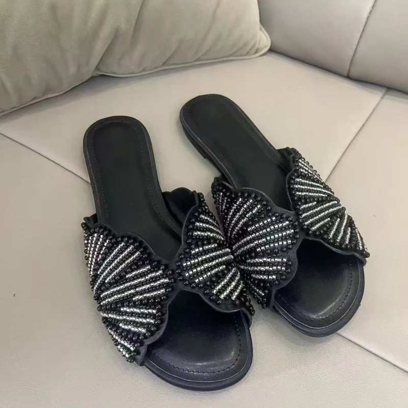 

Black Beaded Butterfly Flat Women Sandals Open Toe Summer Slippers for Beach Casual Wear Fashion Ladies Slides Beach Shoes