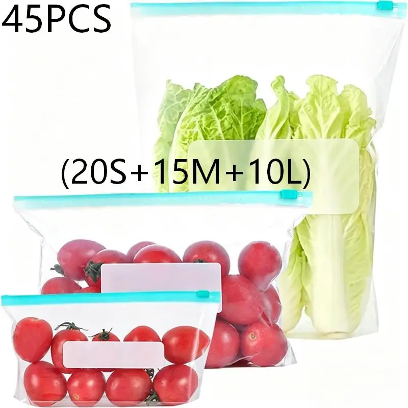 45PCS(20S-15M-10S) Food Storage Leakproof Reusable Stand Up Zip Shut Bags Cup Fresh Food Storage Bag Refrigerator Fresh Wrap