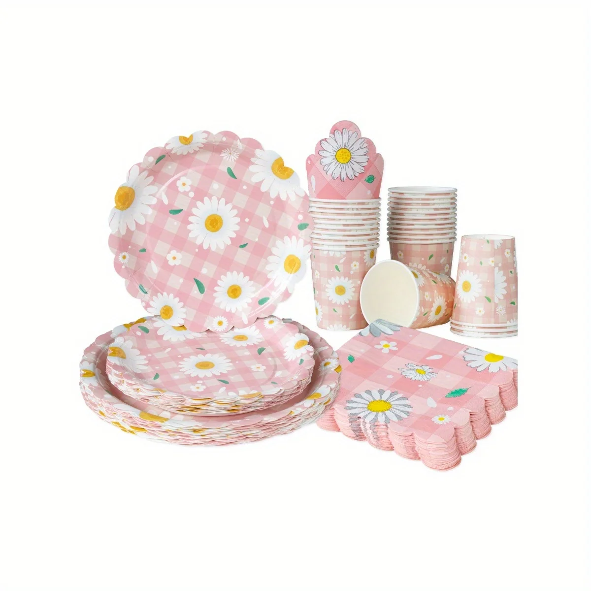 Pink Daisy Petals 25Pcs Disposable Tableware Set 7/9 Inch Paper Plates Cups and Napkins Party Supplies for Birthday Wedding