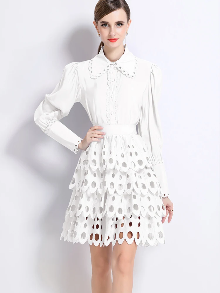 

Retro Collar Single Breasted Lace Splicing Top+High Waist Skirt Set 2025 New Fashionable Women'S Clothing