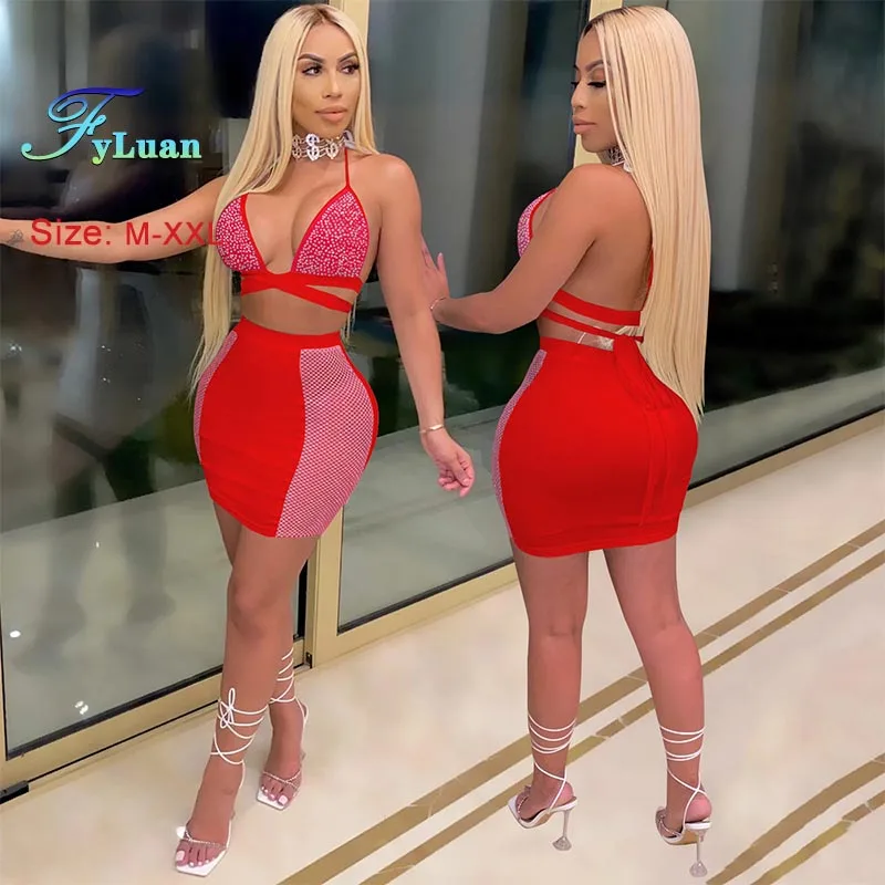 

Сексуальная мини-юбка для вечеринки в ночном клубе, женские комплекты, комплект из двух предметов со стразами и перекрестной завязкой на спине, модный красный облегающий костюм с короткой юбкой