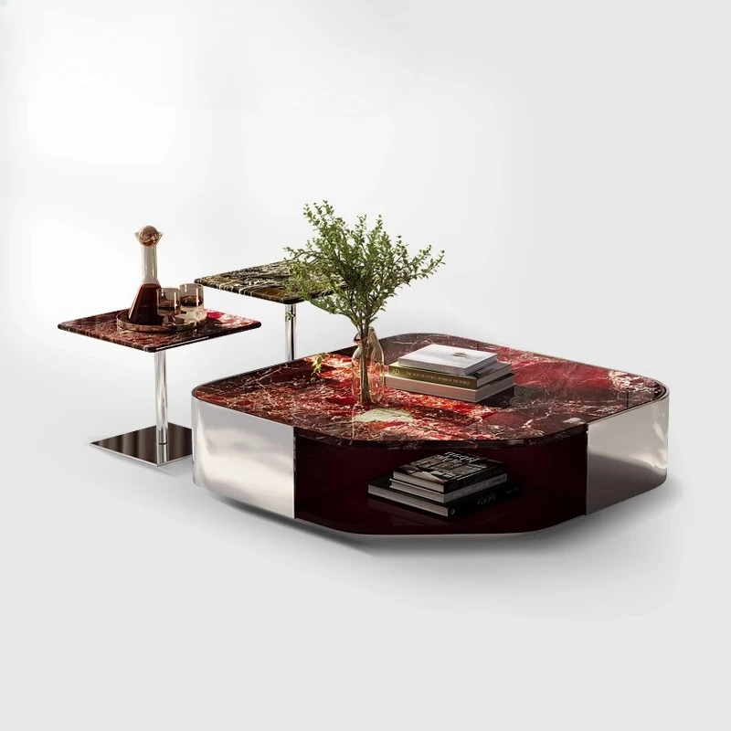 

*Premium Italian minimalist coffee table living room stainless steel marble high and low tea machine combination