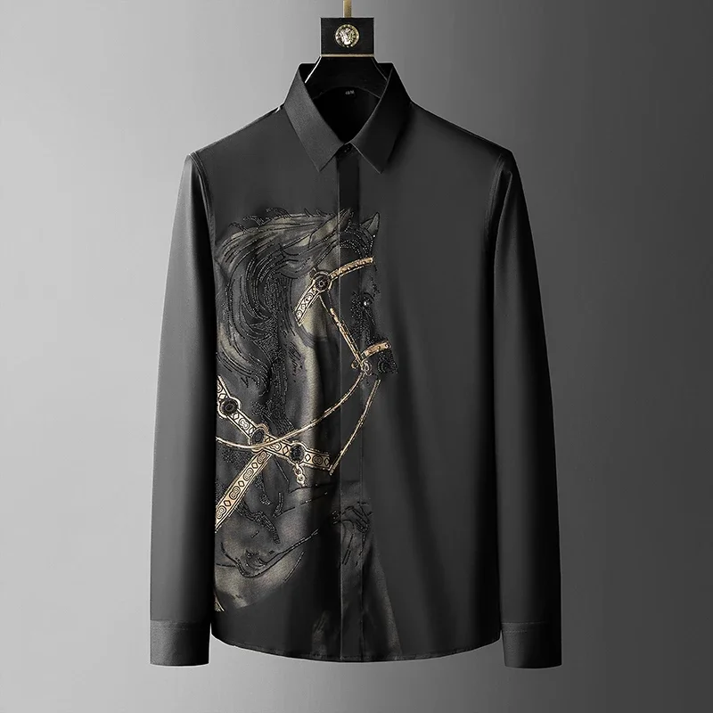 

Brand Luxury Rhinestone Men's Shirt Autumn Long Sleeve Slim Casual Shirts Business Social Formal Dress Shirts Streetwear JJ71