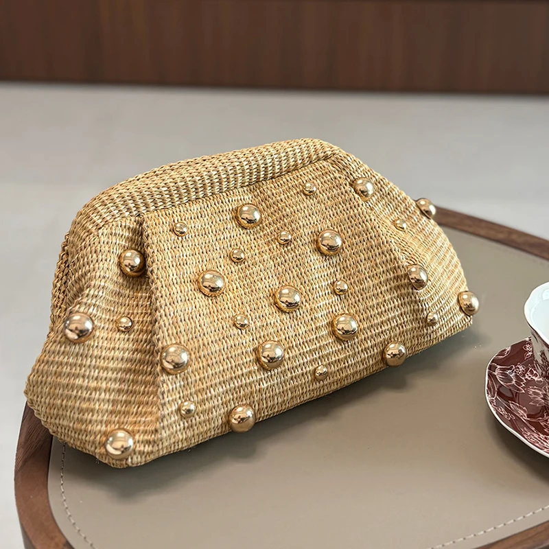 Straw Woven Metal Studded Cloud Lock Frame Evening Clutch Bag,Chic Summer Beach Party Purse,Lightweight Elegant Resort Handbag