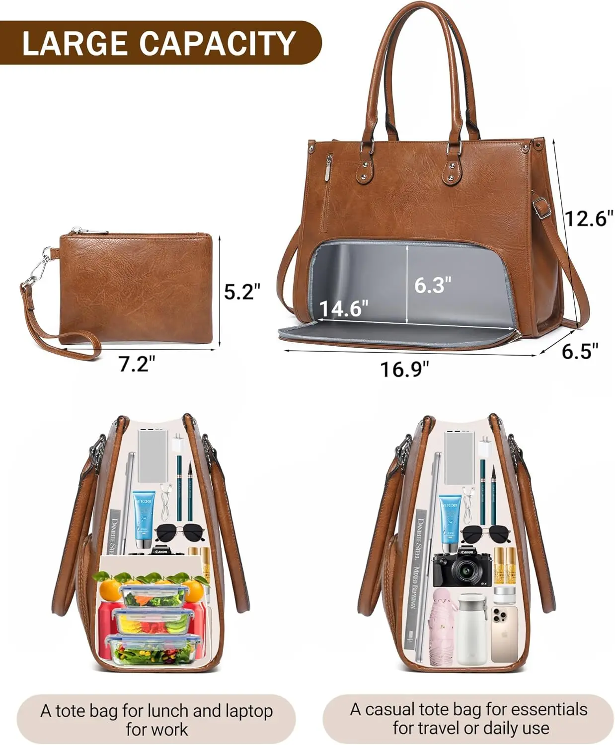 2 in 1 Laptop Tote Bag with Insulated Lunch Compartment for Women Work PU Leather Lunch Bag with 15.6 Inch camp picnic bags